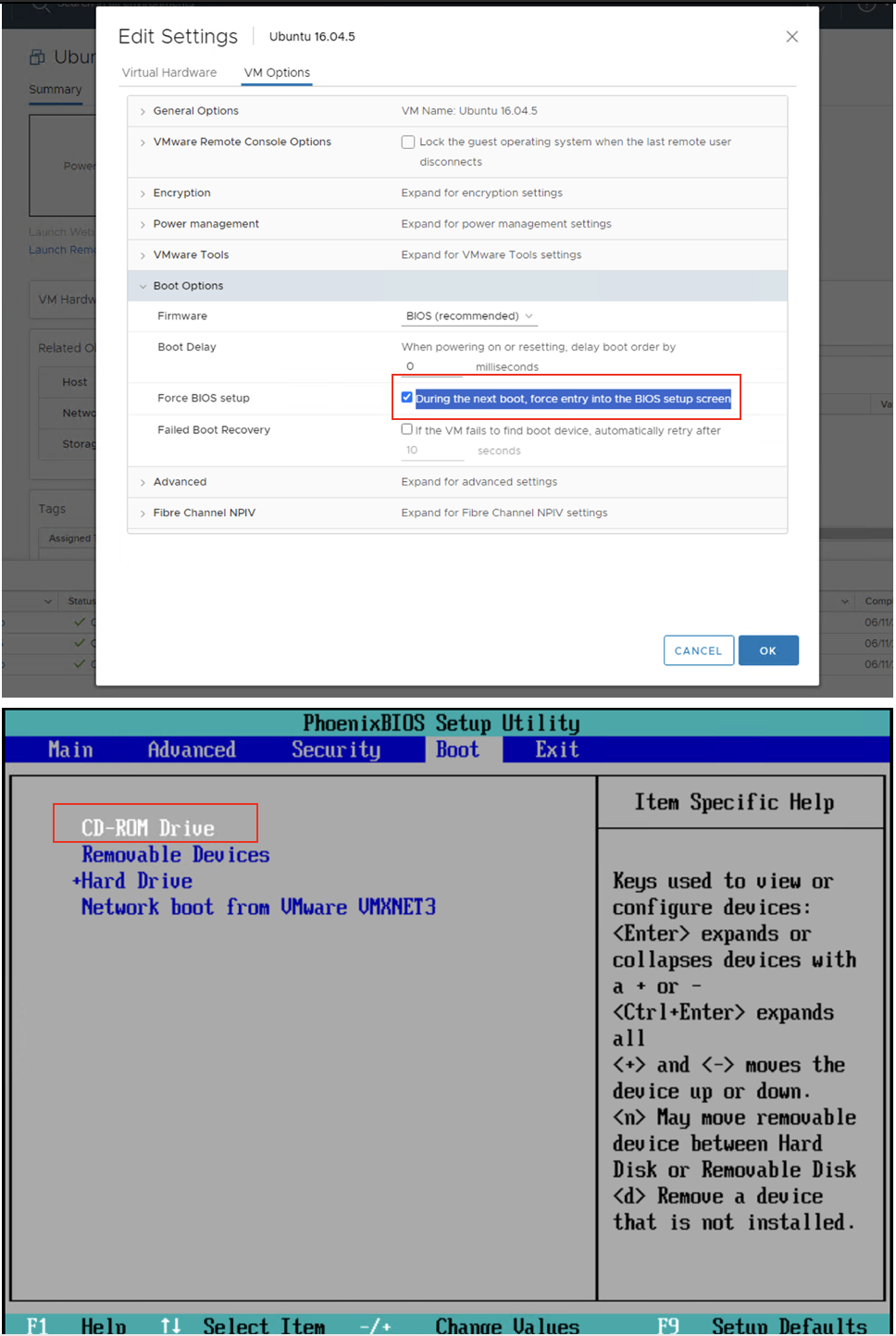 Figure 9. Shows VM setting to enter BIOS mode at the next start-up and bios settings to boot from CD-ROM